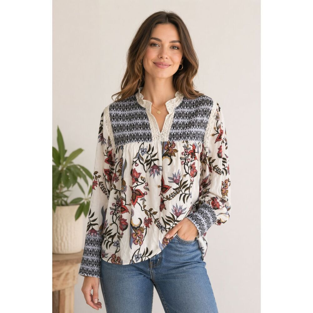 Loft Womens XS Floral Boho Long Sleeve Blouse Lace Trim Lined Peasant Top 1125U